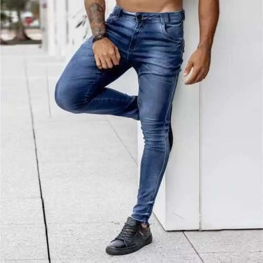 Trendy Solid Color Tear Resistant Slim-fitting Straight Denim Pants Wear-resistant Men Jeans for Daily Wear Party School