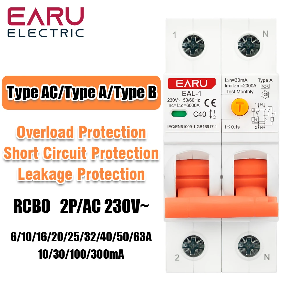 

2P RCBO RCCB Тип A/AC/B Электронный автоматический выключатель остаточного тока MCB 220 В 40 А 63 А 50/60 Гц 30 мА Защита от утечки Зарядное устройство для электромобилей