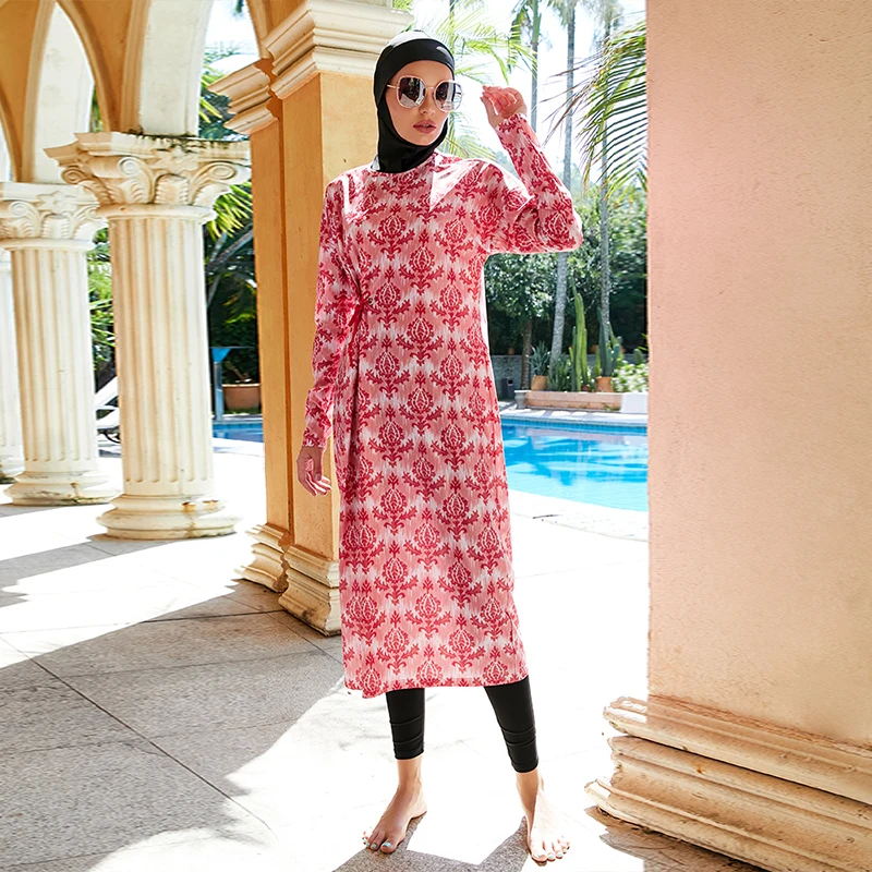 

Islamic Swimwear Tunic Robe Red Print 3pcs Long Burkini Muslim Women Swimsuits For Women