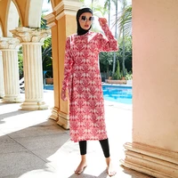 islamic swimwear tunic robe red print 3pcs long burkini muslim women swimsuits for women