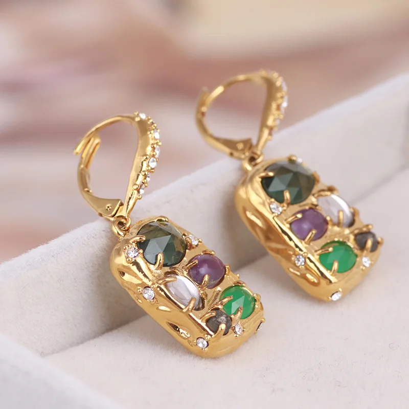 

European and American diamond inlaid geometric color gem Earrings
