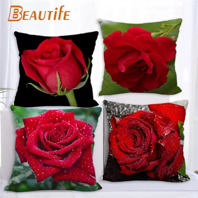 

Custom Roses Red Flower Pillowcase 45X45cm Wedding Decorative Pillow Cover Eco-Friendly Square Cotton Linen Fabric Pillow Case