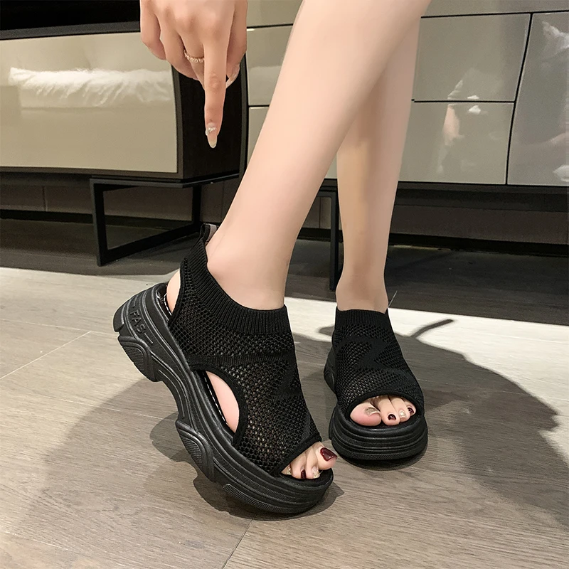 Breathable Sandals Women's Mesh Face 2023 Summer Elastic Fabric Thick Sole Fish Mouth Shoes Matsuke Beach Sandals and Slippers