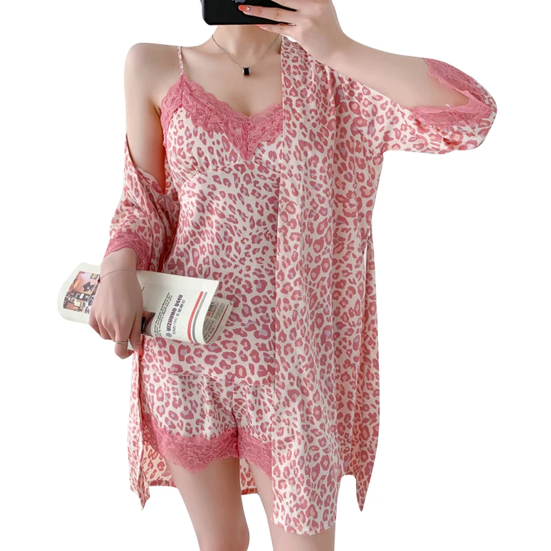 Leopard print snow and ice silk pajamas female spring and summer sexy consling lace three-piece home service set 2022 new