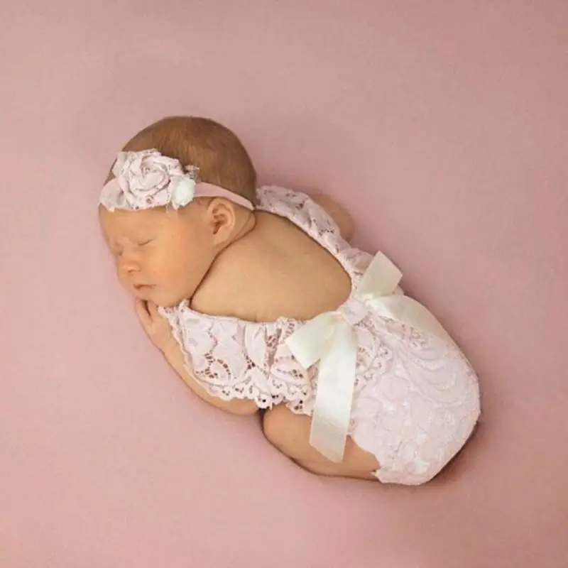 C5AA Baby Bow Lace Romper Set Newborn Photograph