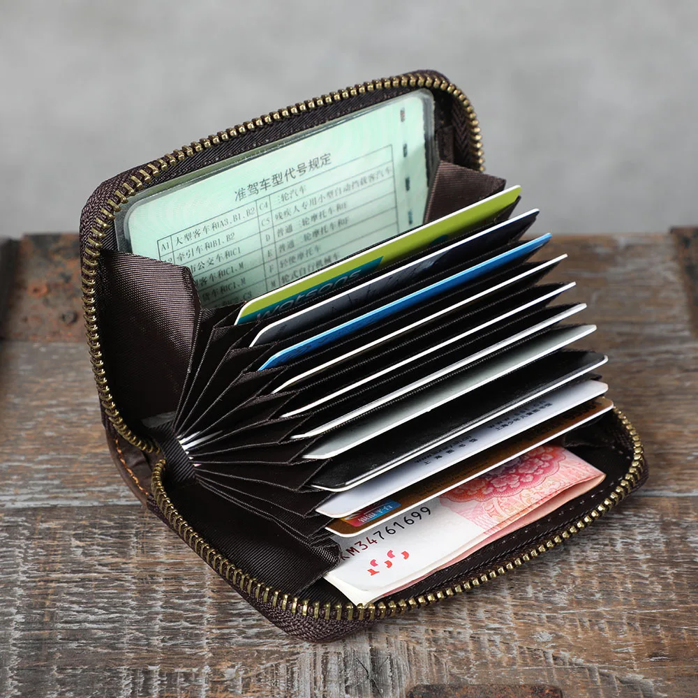 Retro VIP ID Bank Credit Card Holder Rfid Zipper Organ Wallet Slim Small Cards Cases Crazy Horse Genuine Leather Mens Card Bag