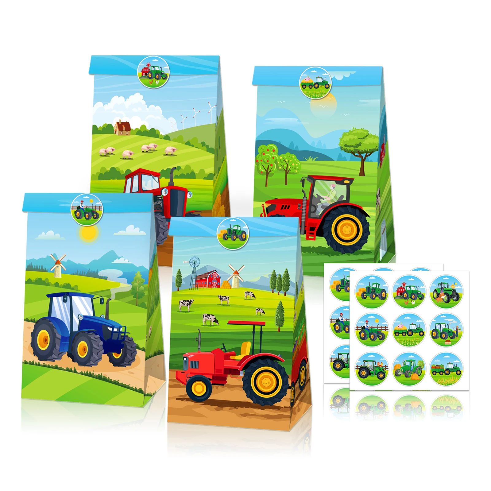 

LB205 12Pcs Cartoon Tractor Farm Tool Machine Birthday Party Candy Souvenir Packing Kraft Paper Gift Bag Baby Shower Party Box