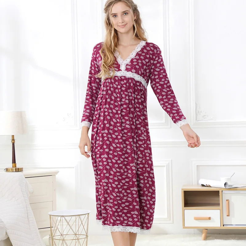 Spring Nightdress Women Modal Long Sleeve Lace Nightgowns for Women Sleepwear Nightwear Elegant Autumn Long Home Dressing Gowns