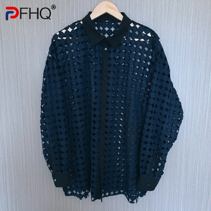 

PFHQ Stylish Polka Dots Hollow Out Niche Design Original Men's Shirts Long Sleeve 2023 Trendy High Quality Elegant Free Shipping