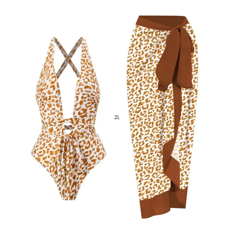 2 Piece Sets Women Outfi Retro Beach Swimsuit Set Elegant Chiffon Skirt One Piece Swimsuit Printed Beach Sexy Bikini Set Summer