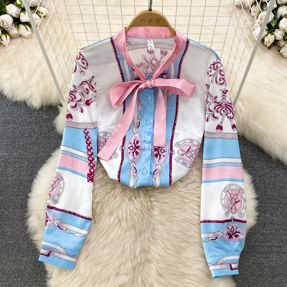 

Весенне-осенний винтажный темпераментный Свободный пуловер с длинными рукавами и бантом, топ с принтом