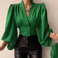 spring fashion women shirt lantern long sleeves casual solid color printed slim buttons v neck blouse commute high street shirts