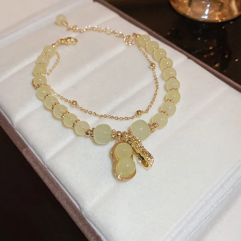 

Minar Sweet Shiny Green Color Crystal Beaded Bracelets for Women Mujer Double Layered Gold Color Chain Peanut Charm Bracelet