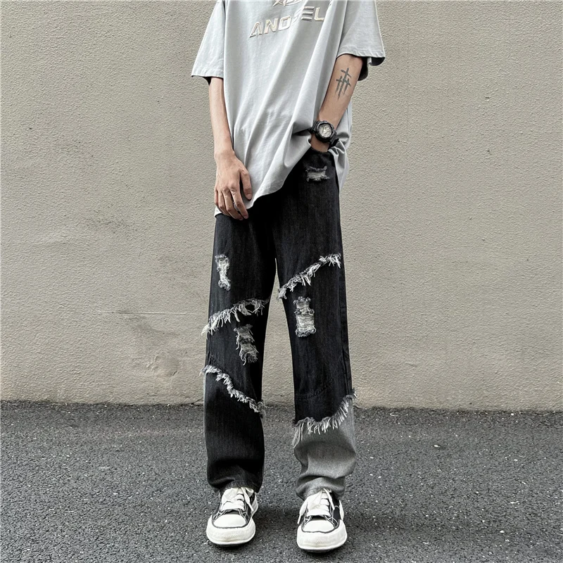 Spliced Holes Distressed Fray Men Denim Jeans Pants Ins Vibe Chic Streetwear Handsome Straight Trousers Plus Size S-XXXL Pants