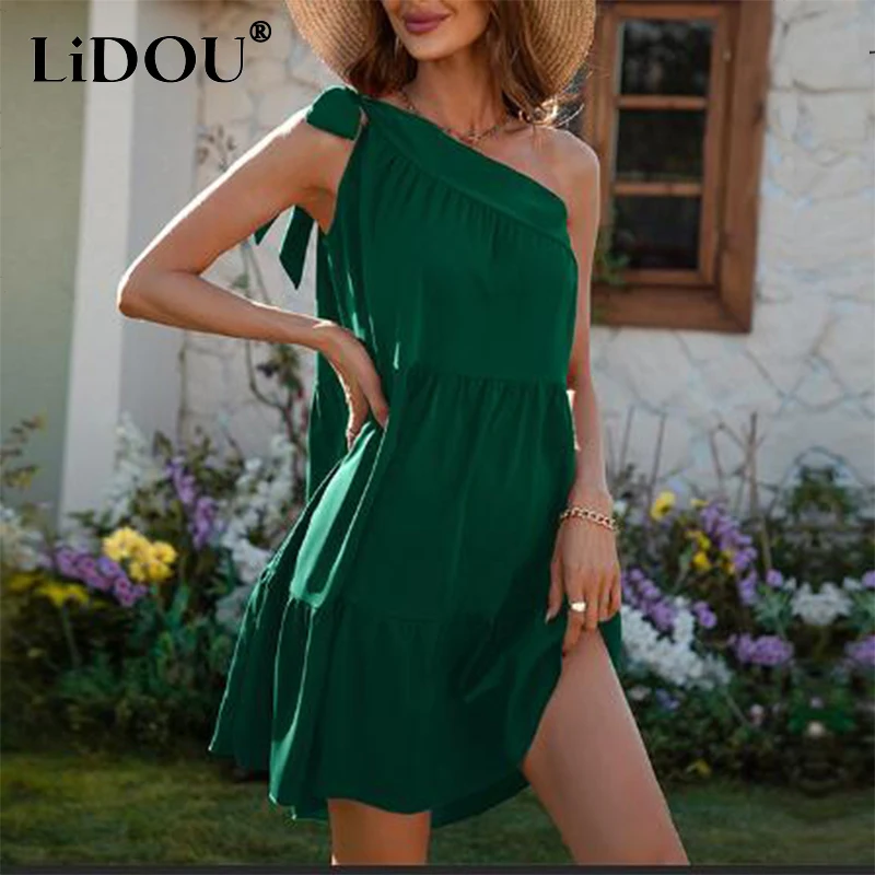 

2022 Summer Diagonal Collar Bandage Simple Casual Dress Women Sleeveless Sexy Beach Holiday Dresses Robe Femme Roupas Femininas