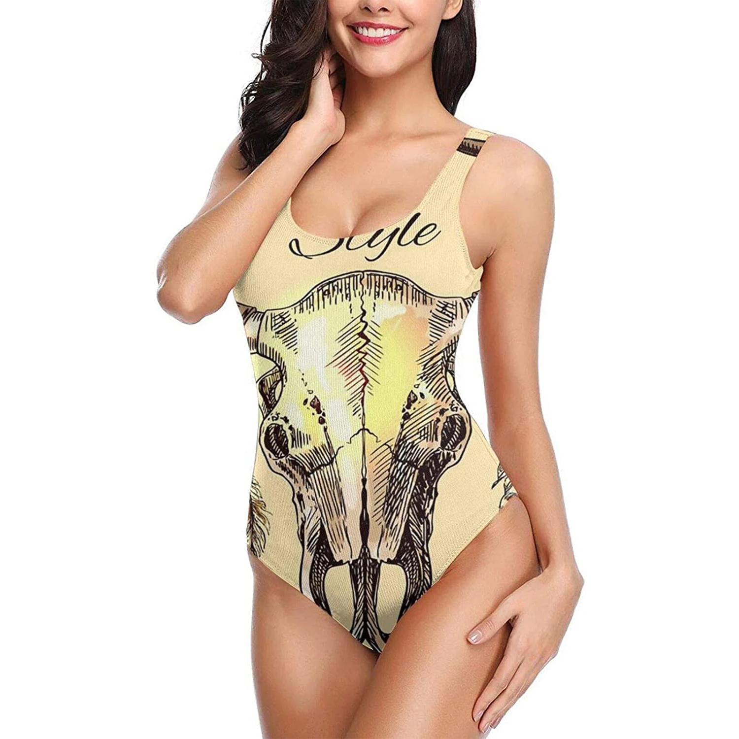 

Womens Bikini Cow Skull Feather Backless Bikini Sexy Ladies Four Season Bathing Suits High Waisted Bikini