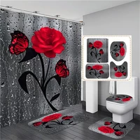 water drop rose print 3d shower curtain waterproof polyester anti slip 12 hooks bathroom accessories rugs and mat set home decor