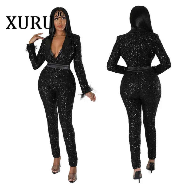 XURU Sexy Deep V Slim Fitting Long Sleeve Jumpsuit, Velvet Beaded Black Jumpsuit, Sexy Nightclub Party Jumpsuit for Women