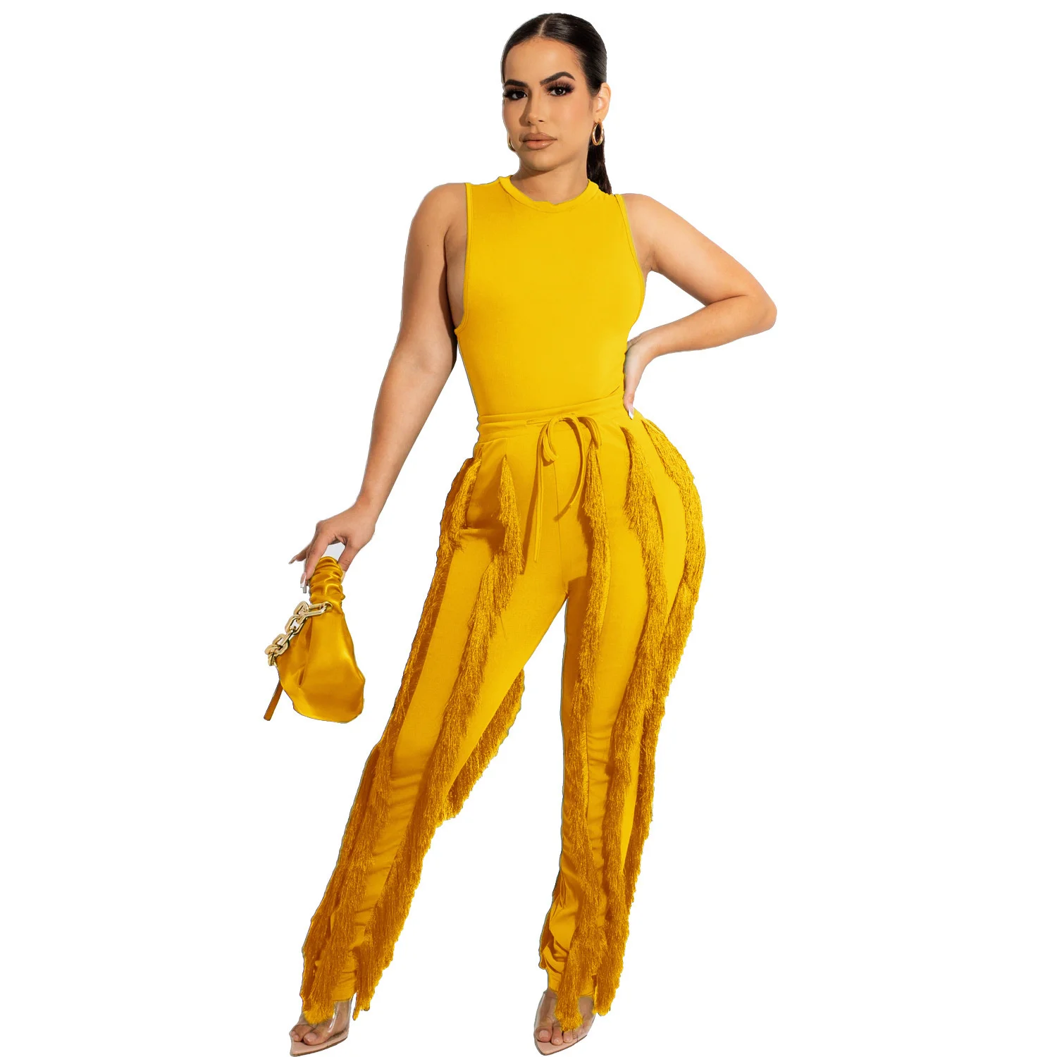 Fashion Solid Romper Casual Tank Top & Tassel Decor Drawstring Pants Set Skinny Tank Jumpsuits Summer Female Outfit Streetwear