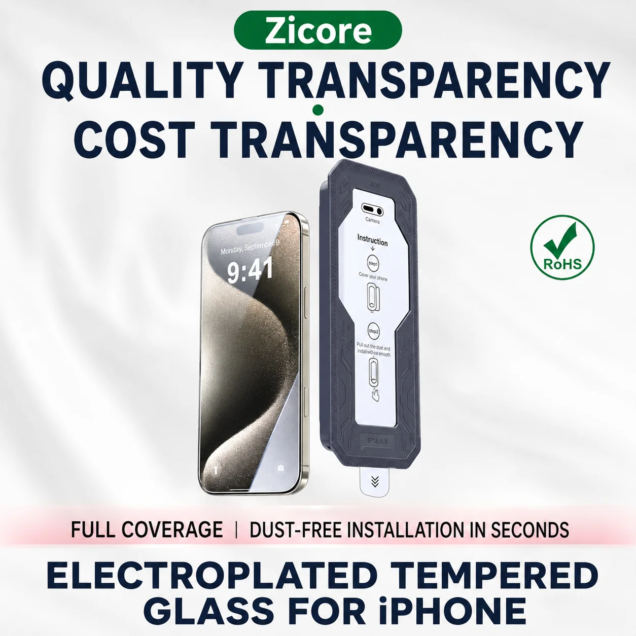 Фото Защитный бокс Zicore M9 Armor для установки без пыли с защитным стеклом для iPhone 15 16 17 Pro Max, HD прозрачный, с функцией конфиденциальности №2