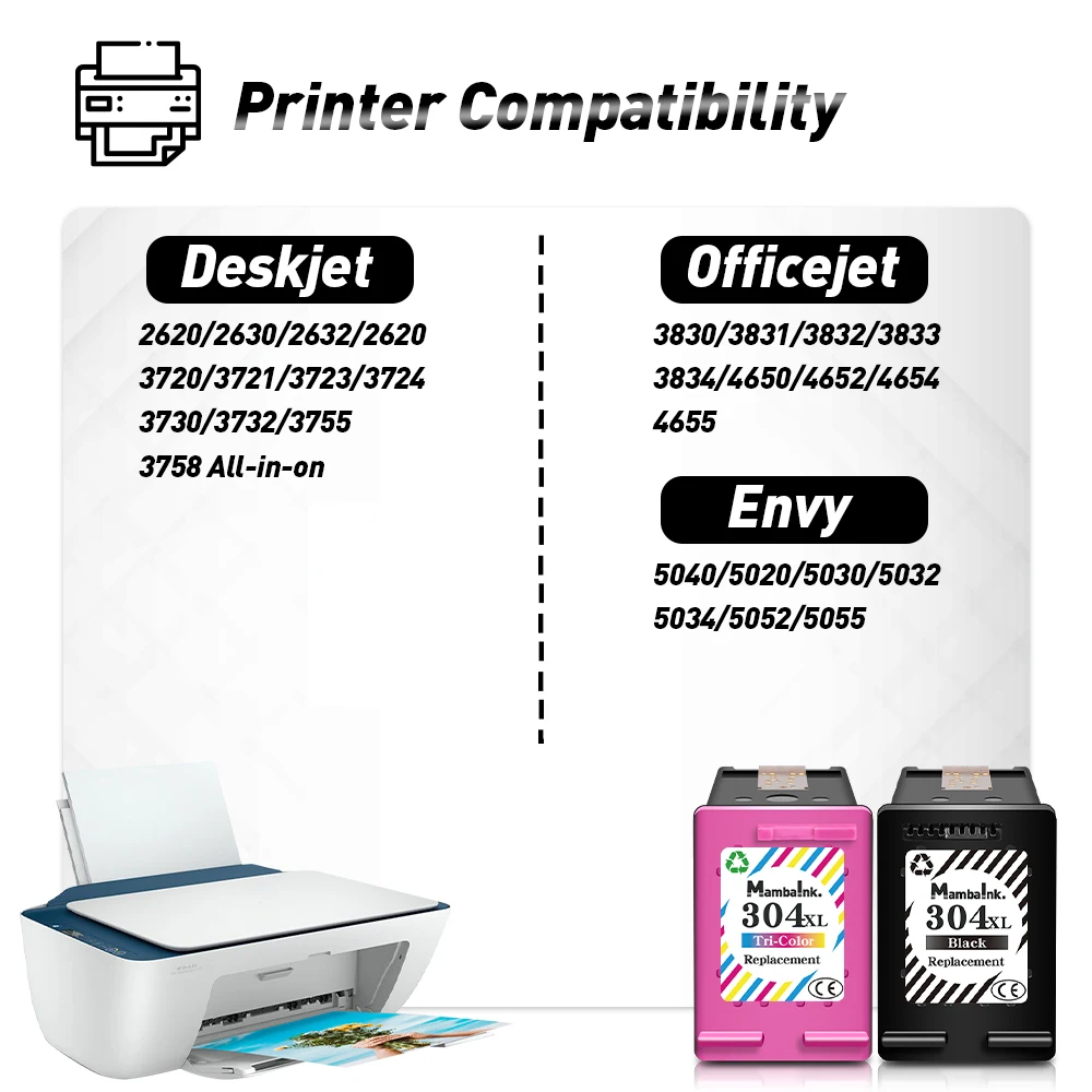 Картридж чернильный Mambaink 304XL Восстановленный для HP 304 XL Deskjet 5010 5012 5014 5020 5030 5032 5034 5052