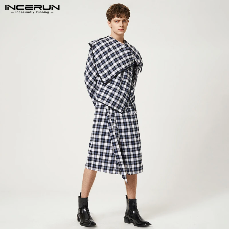 

INCERUN Tops 2023 American Style New Men's Retro Plaid Blouse Fashion Casual Male Irregular Pile Collar Long Sleeve Shirts S-5XL