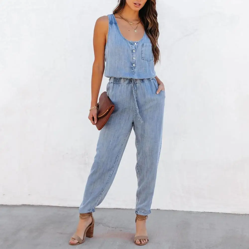 Women Summer Jumpsuit V Neck Sleeveless Solid Color Elastic Waist Loose Dress-up Denim Tight Waist Lady Overall Women Clothes