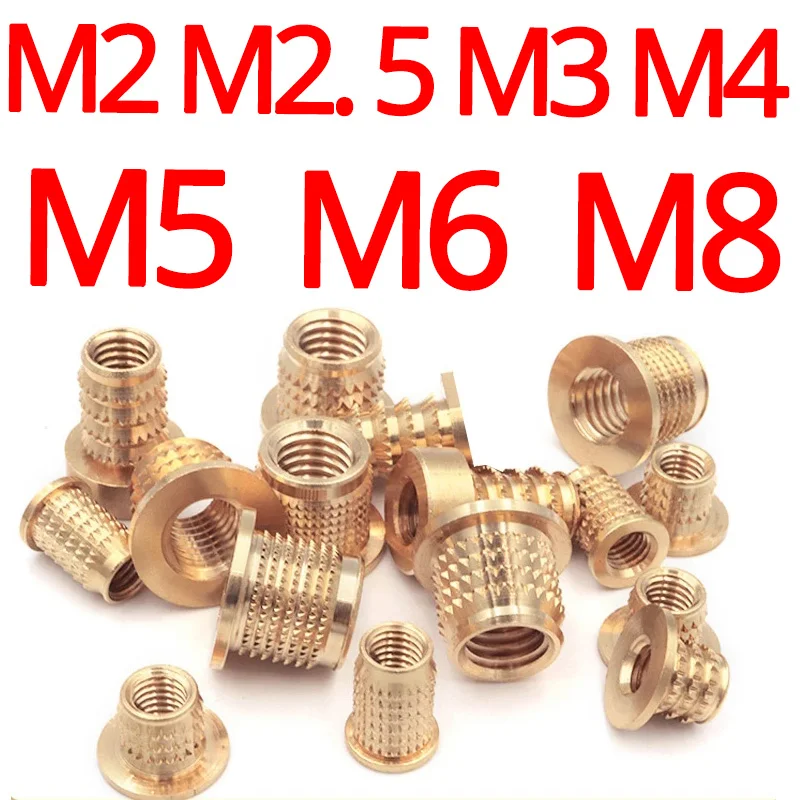Brass Insert Screw Nut M2.5 M3 M3.5 M4 M5 M6 M8 Cold Pressed Knurled Copper Insertion Nut Barbed Flange Surface Embedded Plastic