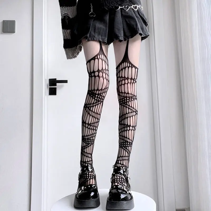 

Omikaa Japanese Harajuku Fishnet Stockings Tights Hollow Out Black Gothic Full Body Fishnet Stockings Pantyhose Knee High Socks
