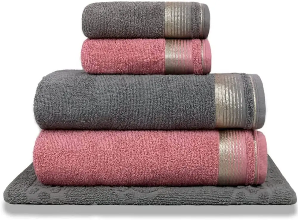 

car wash Bath Towels Set 5 Pieces Berlin 100% Cotton Pink Crochet + Gris Microfiber Towels Bathroom Hotel Bath Towels For Thicke