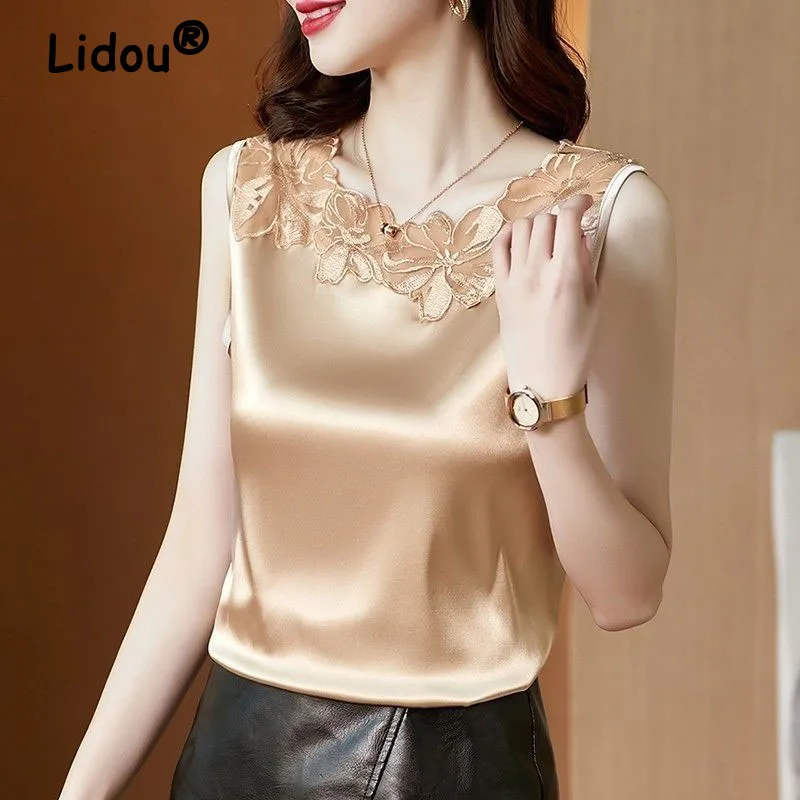 

Summer Women Fashion tank top sleeveless embroidery lace satin luxury elegant Vest women's solid Casual Loose tops 2022 New 4XL