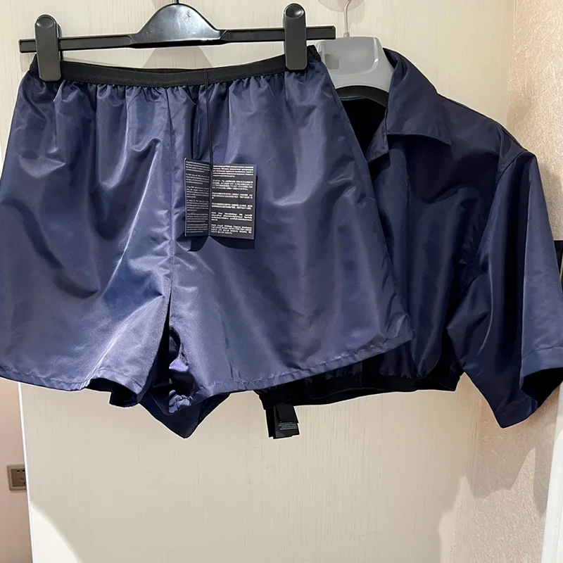 

2023 Spring Shirt Shorts 2 Piece Set Fashion Lapel Short Sleeve Single Breasted Crop Jacket Elastic High Waist Wide Leg Shorts
