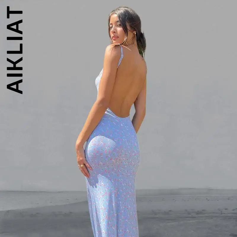 

Aikliat Flower Print Slip Sleeveless Backless Slim Sexy Maxi Dress Vintage Girl Dresses Basic Slim Dresses Woman Vestidos Female