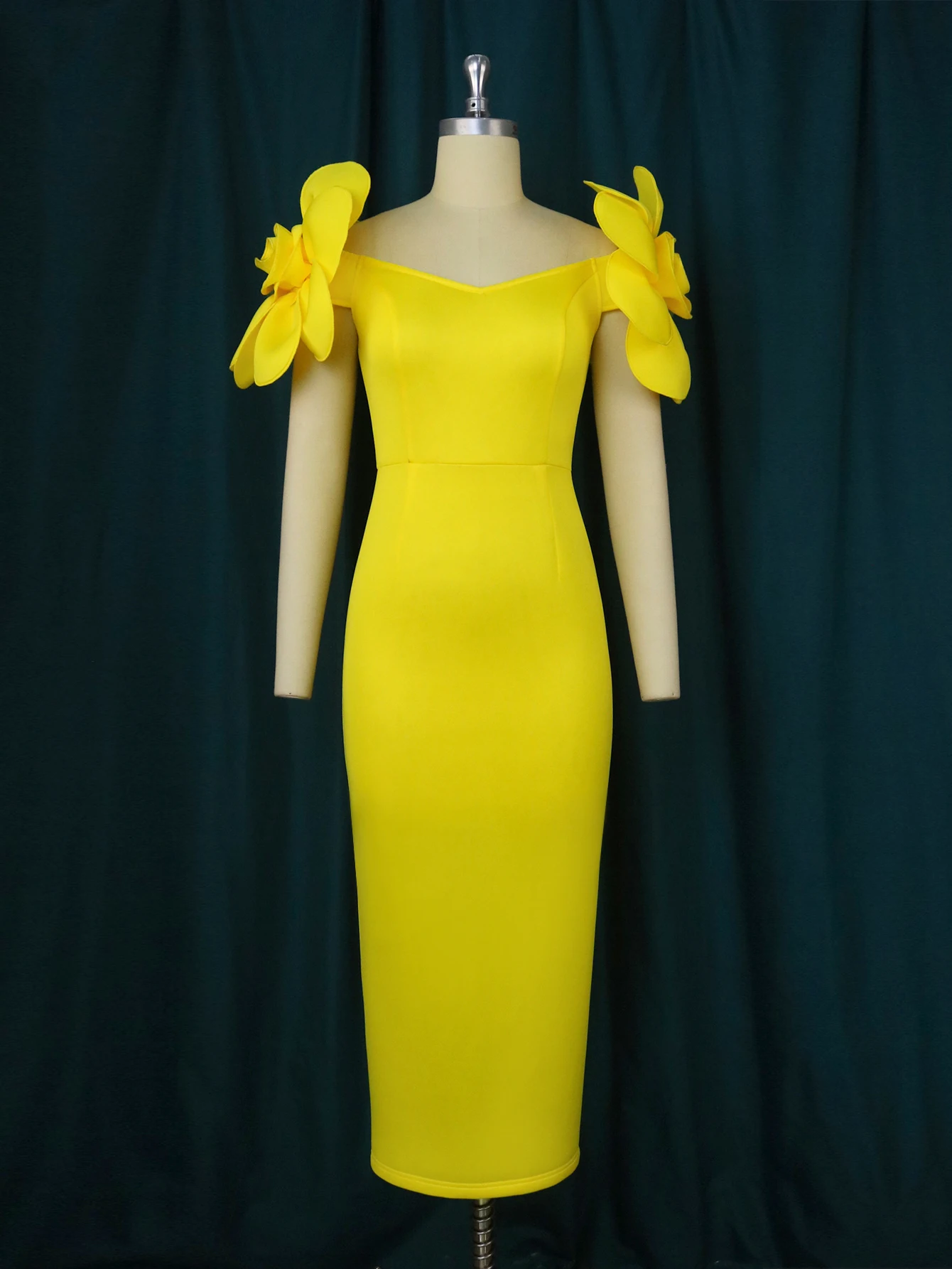 ONTINVA Sheath Dress Plus Size 3XL 4XL Flower Sleeve Yellow Bodycon Long Prom Midi Evening Cocktail Event Party Gowns for Women