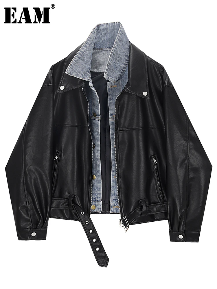 

[EAM] Loose Fit Black Denim Pu Leather Big Size Jacket New Lapel Long Sleeve Women Coat Fashion Tide Spring Autumn 2022 1DE6507