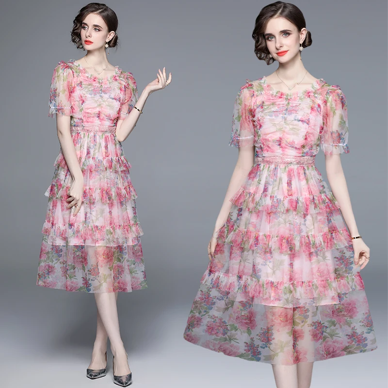 

Summer new French style square neck print short sleeve dress short sleeve cake dress SR6877095