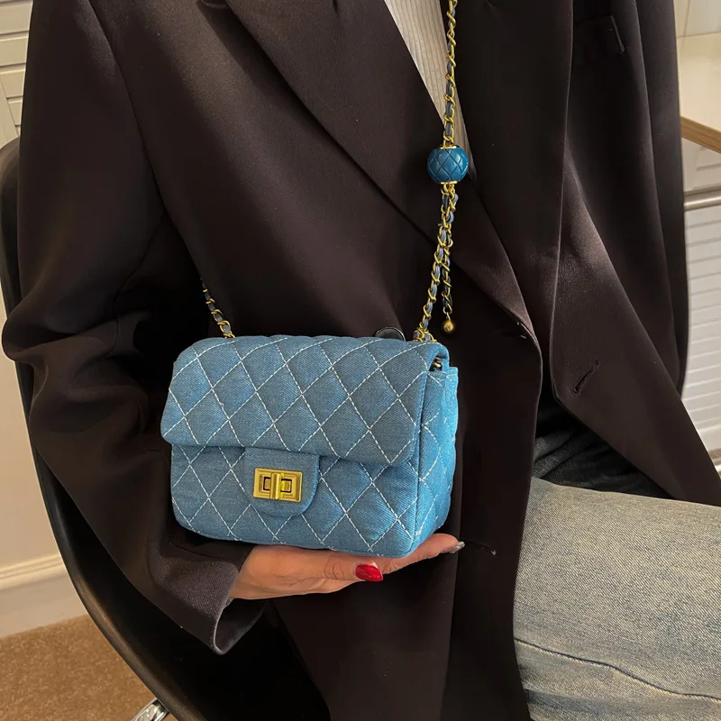 

2022 New Classical Denim Flip Lock Bag Rhombus Chain One Shoulder Messenger High Quality Fashion Trendy All-match Dating Bags Cc