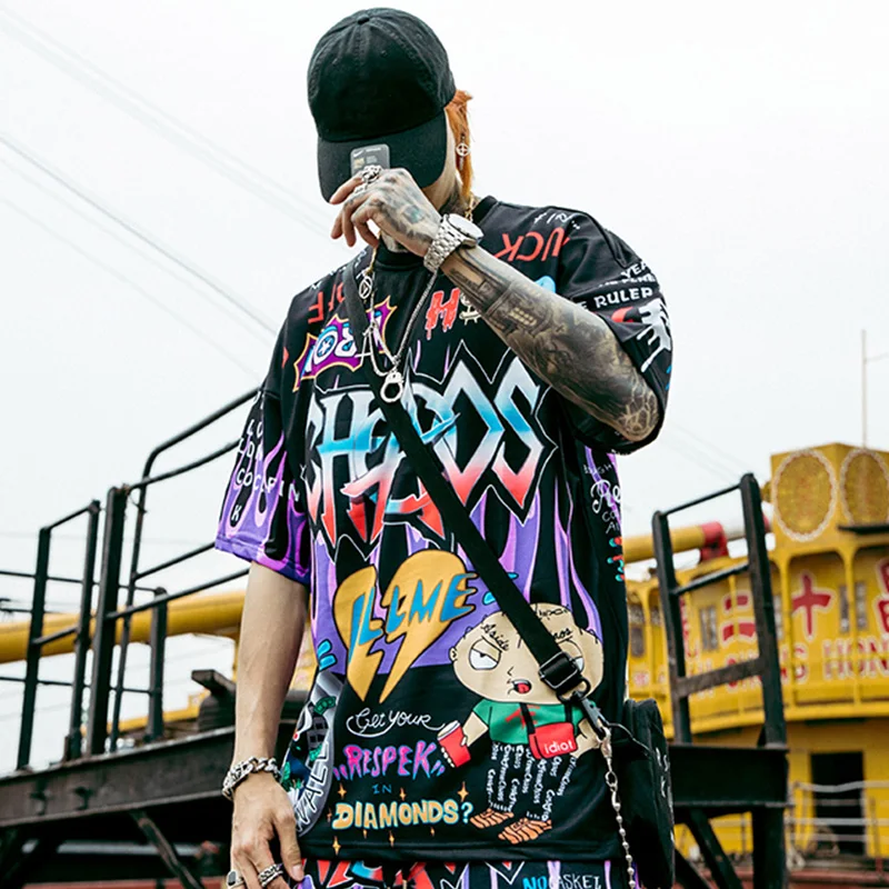 

T Shirt Men Graffiti Cartoon Printed Men's Tee Shirts Short Sleeve T Shirt Fashion High Street Tees Summer Streetwear