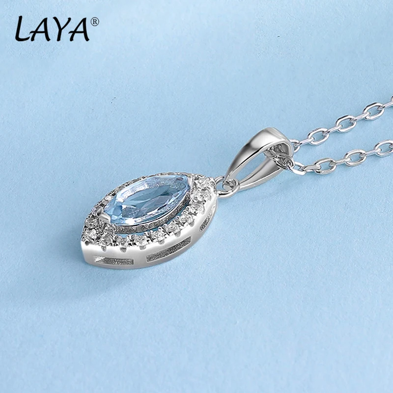 

LAYA 100% 925 Sterling Silver Marquise Brilliant Cut Gemstone Natural Sky Blue Topaz Pendant Necklace For Women Wedding Jewelry