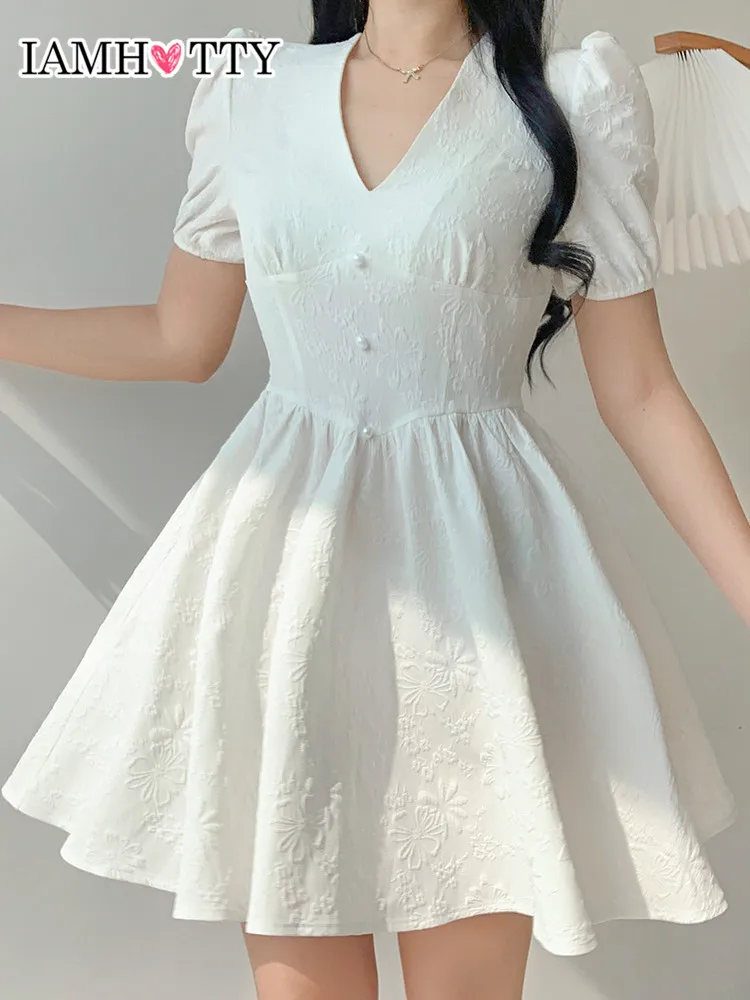 

IAMHOTTY Jacquard White Pleated Dress Kawaii Short Sleeve V-neck A-line Mini Dresses Korean Style Party Dress Aesthetic Summer