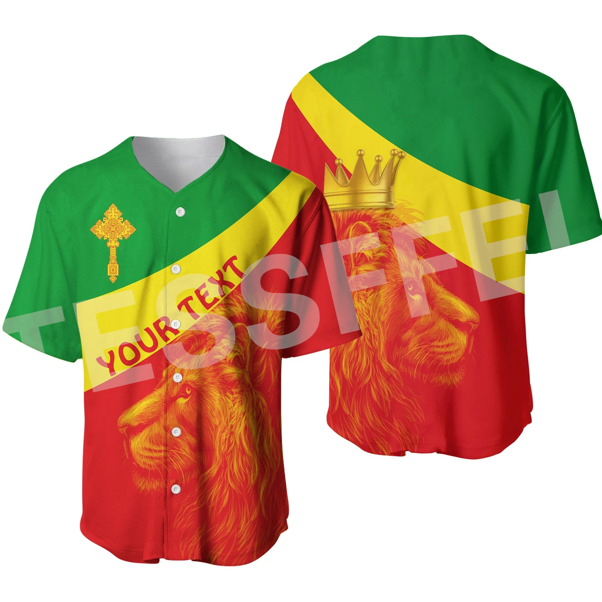 Africa County Flag Ethiopia Rasta Reggae Lion Tattoo 3DPrint Summer Harajuku Casual Funny Baseball Jersey Shirts Short Sleeves D