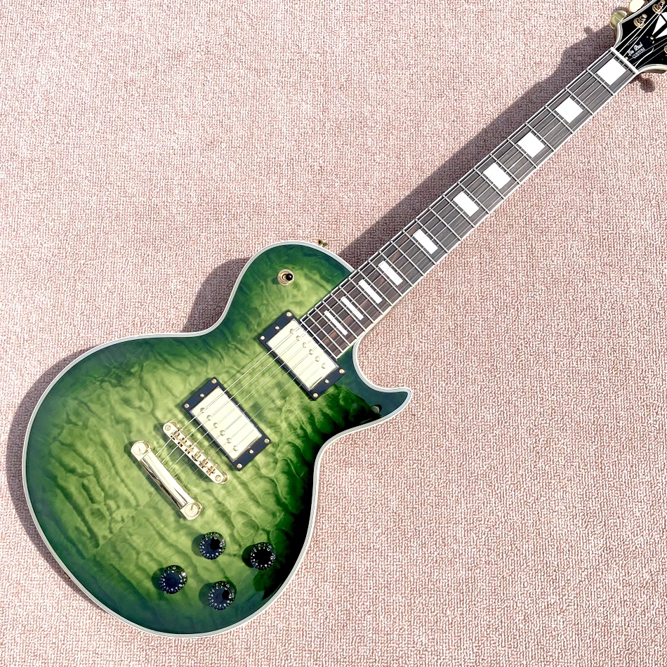 

Custom Electric Guitar with Rosewood Fingerboard, Green Burst Color, Quilte Maple Top, Gold Hardware, Free Shipping