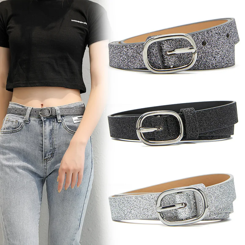 

Women Bling Belt Glitter Gold PU Leather Waist Belt Fluorescent Belt Silver Alloy Pin Buckle Belt Decorative Jeans Waistbands