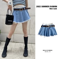 girls skirt 2022 summer new all match college style denim pleated stitching skirt