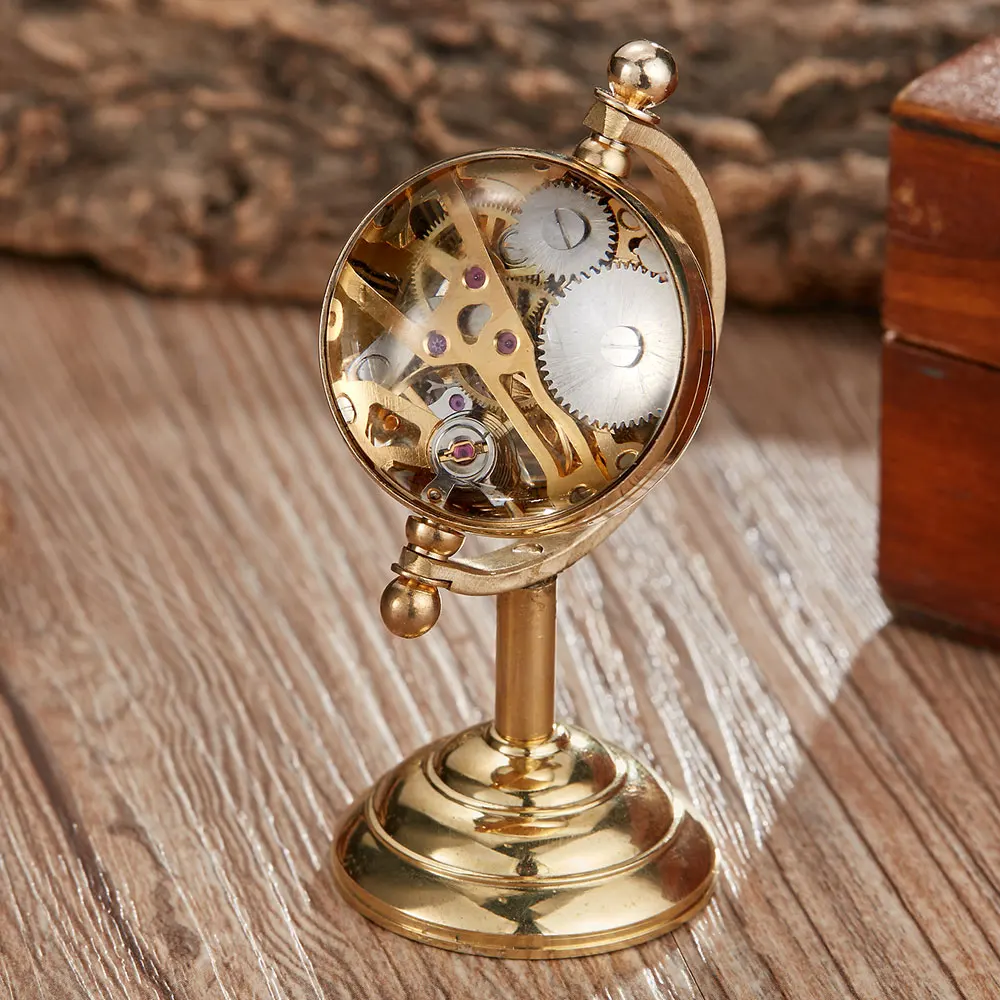 Vintage Spinning Globe Gold Desk Clock Men Creative Gift For Pocket Watch Copper Table Clock Mechanical Pocket Watch Male