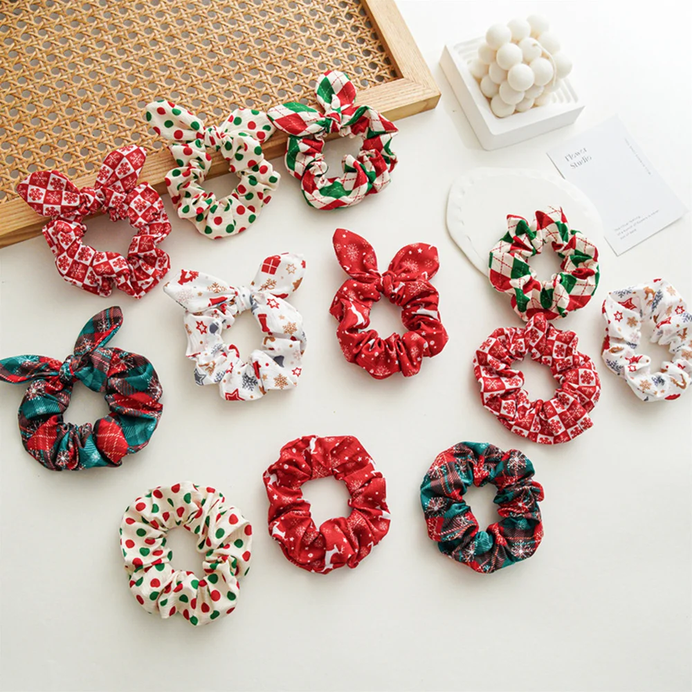 

Christmas Series Hair Scrunchies Knotted Bow Headwear For Women Ponytail Holder Hair Ties Elk Santa Claus Elastic Rubber Bands