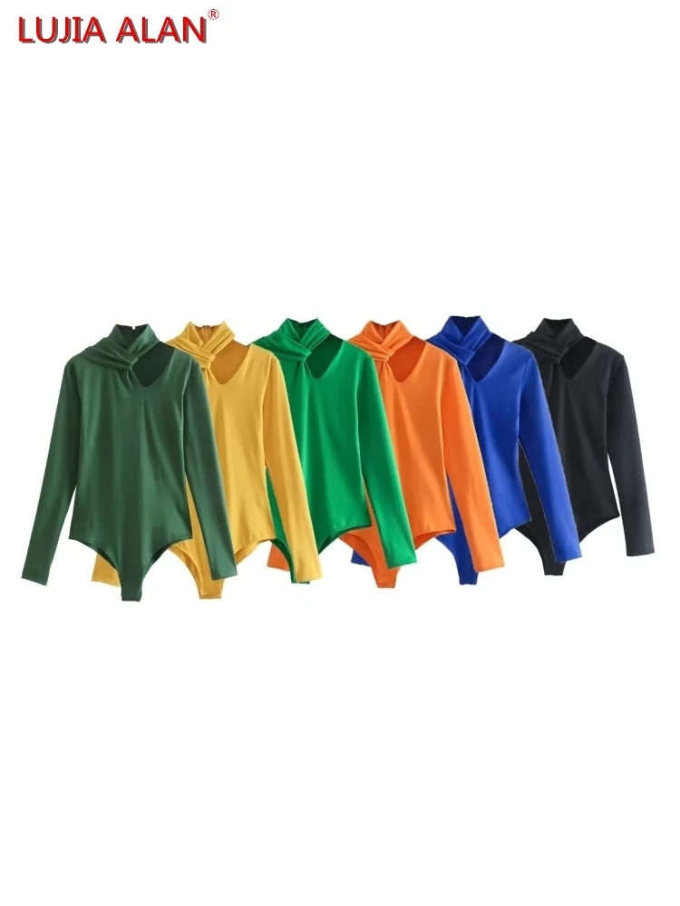 

Hot Sale Women Stand Collar Twist Knot Hollow Design Knitted Bodysuits Casual Female Long Sleeve Slim Tops LUJIA ALAN T1685