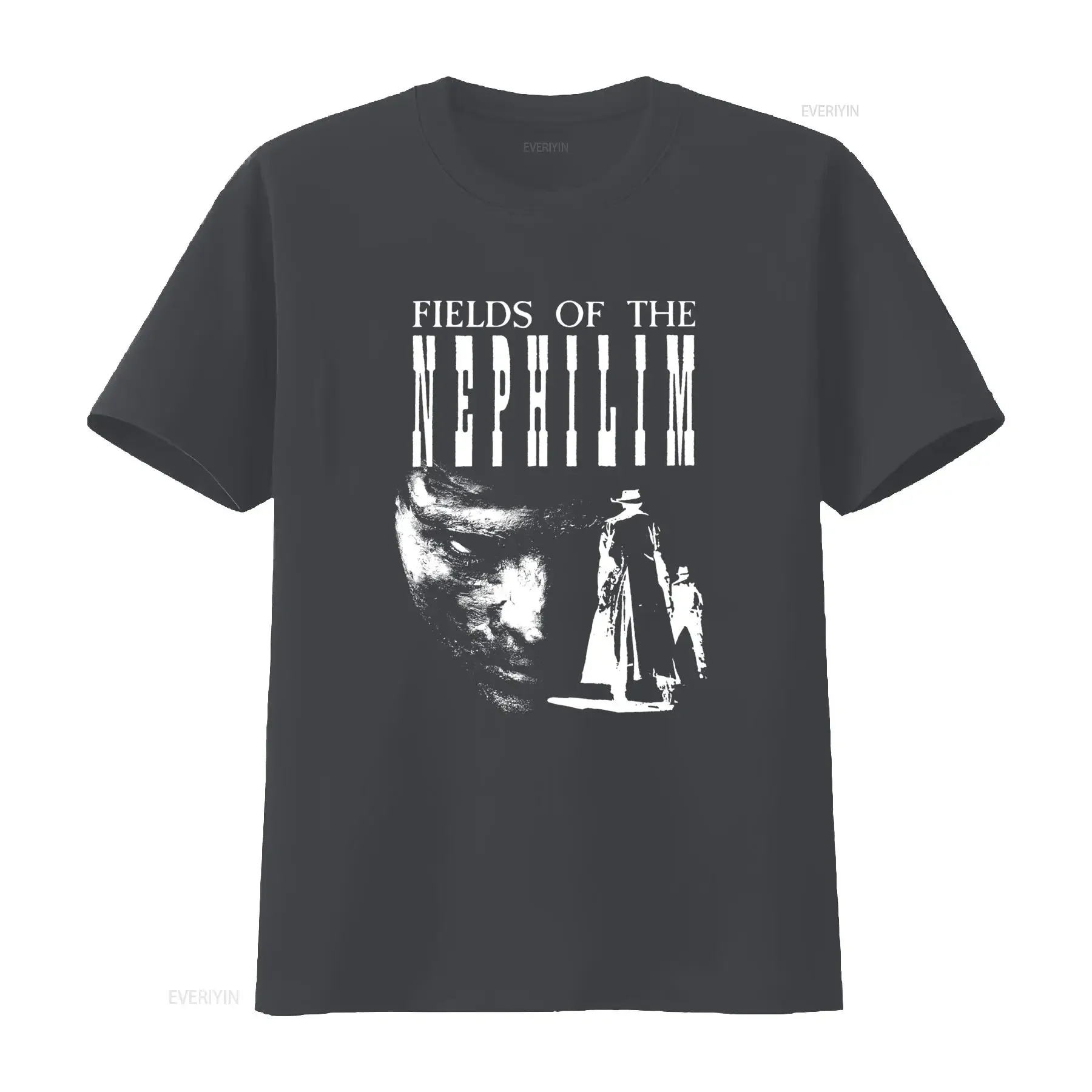 Фото Винтажная футболка с принтом группы Fields of the Nephilim для фанатов рок-музыки, стильная, с эффектом потертости, с графическим изображением, слегка состаренная. №3