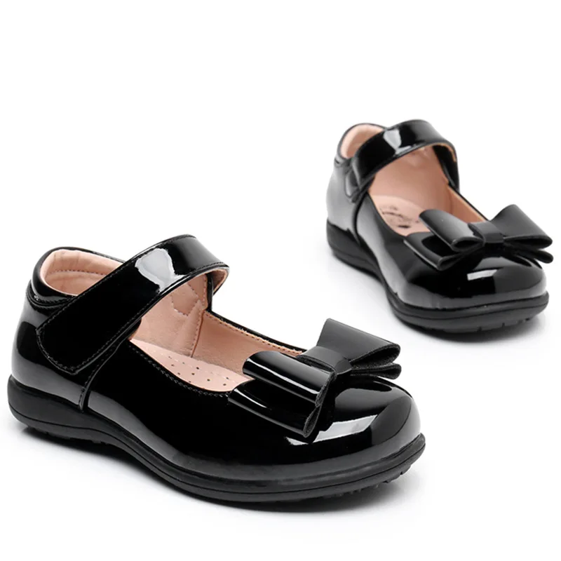 Детские Черно-белые Кожаные Туфли С Бантом Для Девочек