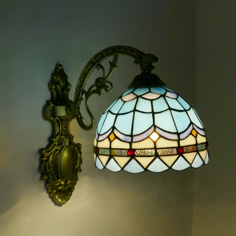 

Mediterranean Tiffany Wall Lamps Sea Sky Stained Glass Mirror Light Sconces for Living Room Bedroom Lighting Fixtures Home Decor